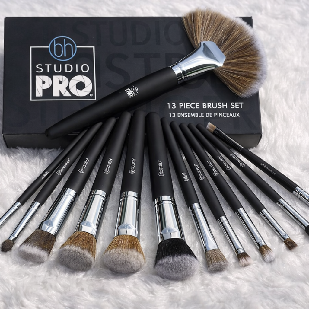 13-piece makeup brush set with 'Studio Pro' packaging on a white surface